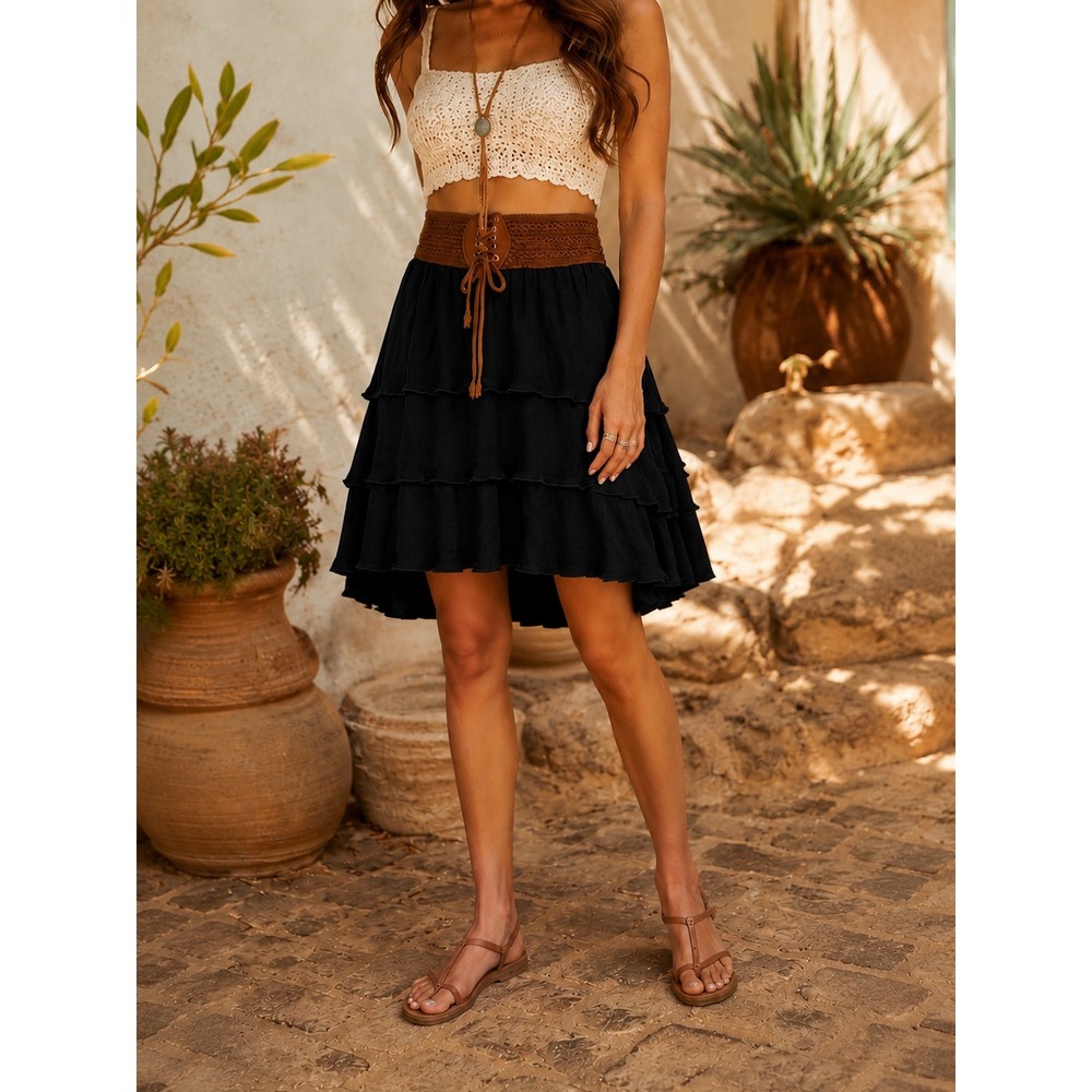 By & By Tiered High-Low Skirt Medium Lace Up Waist Black Boho Western